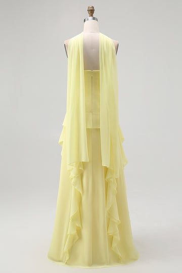 Yellow Ruffled Strapless Long Bridesmaid Dress with Streamer